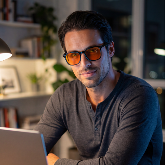 Man wearing amber tinted blue light glasses for sleep while working on a laptop in soft evening light