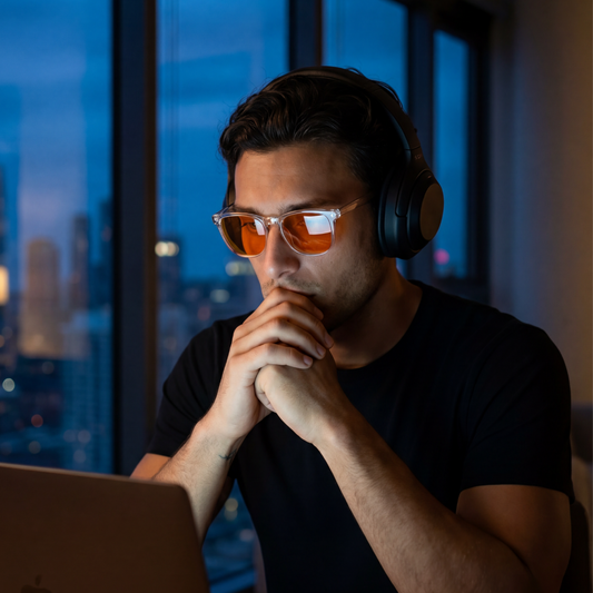 Man working late at a laptop wearing blue light glasses for sleep to reduce evening blue light exposure from screens