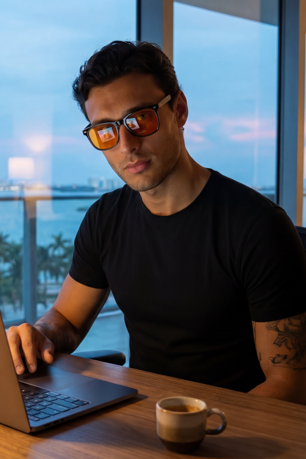 Blue light glasses man at desk - Sleep Horizon