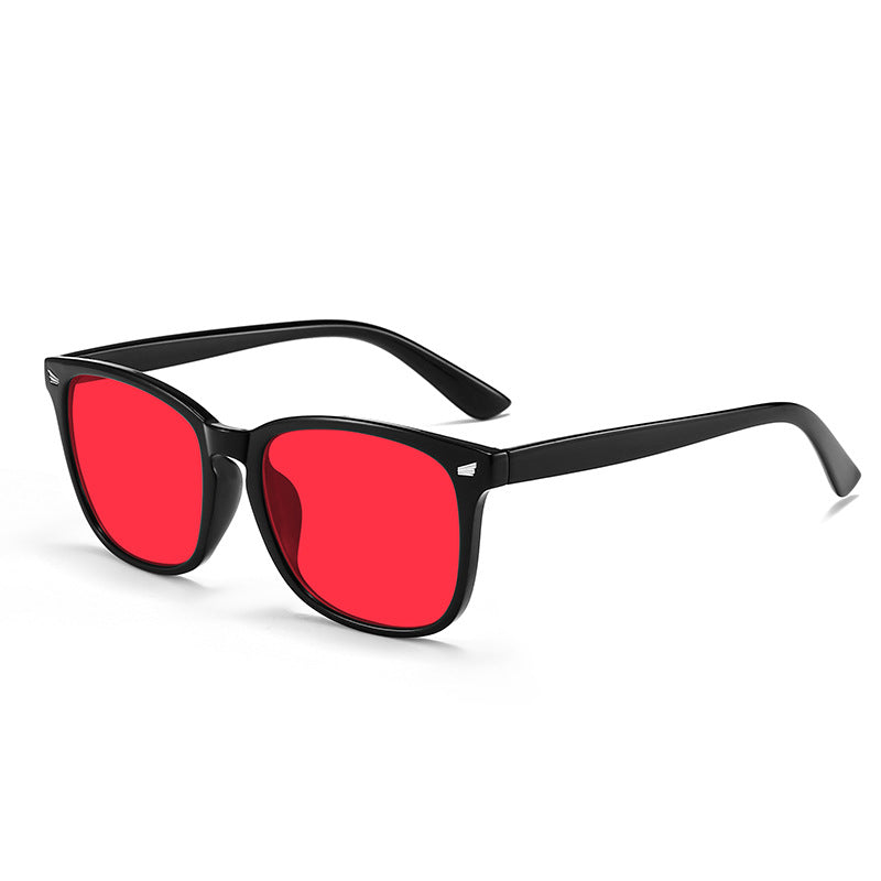 Sleep Horizon FlowShift blue light blocking glasses with red lenses and black frame 