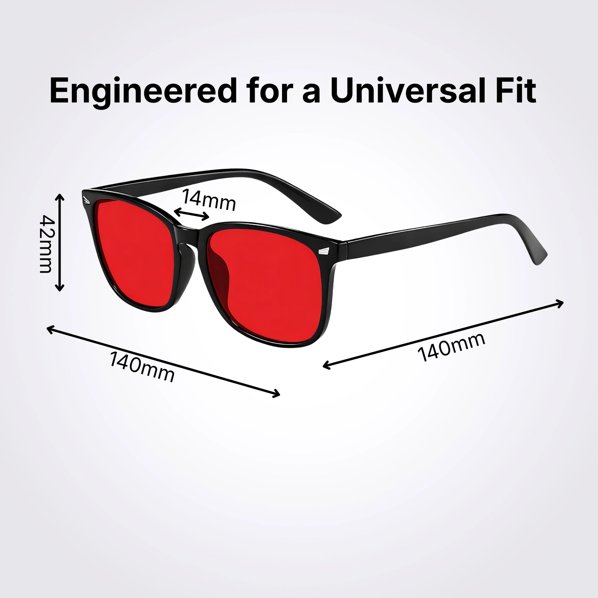 Sleep Horizon FlowShift blue light blocking glasses with red lenses and black frame with measurements