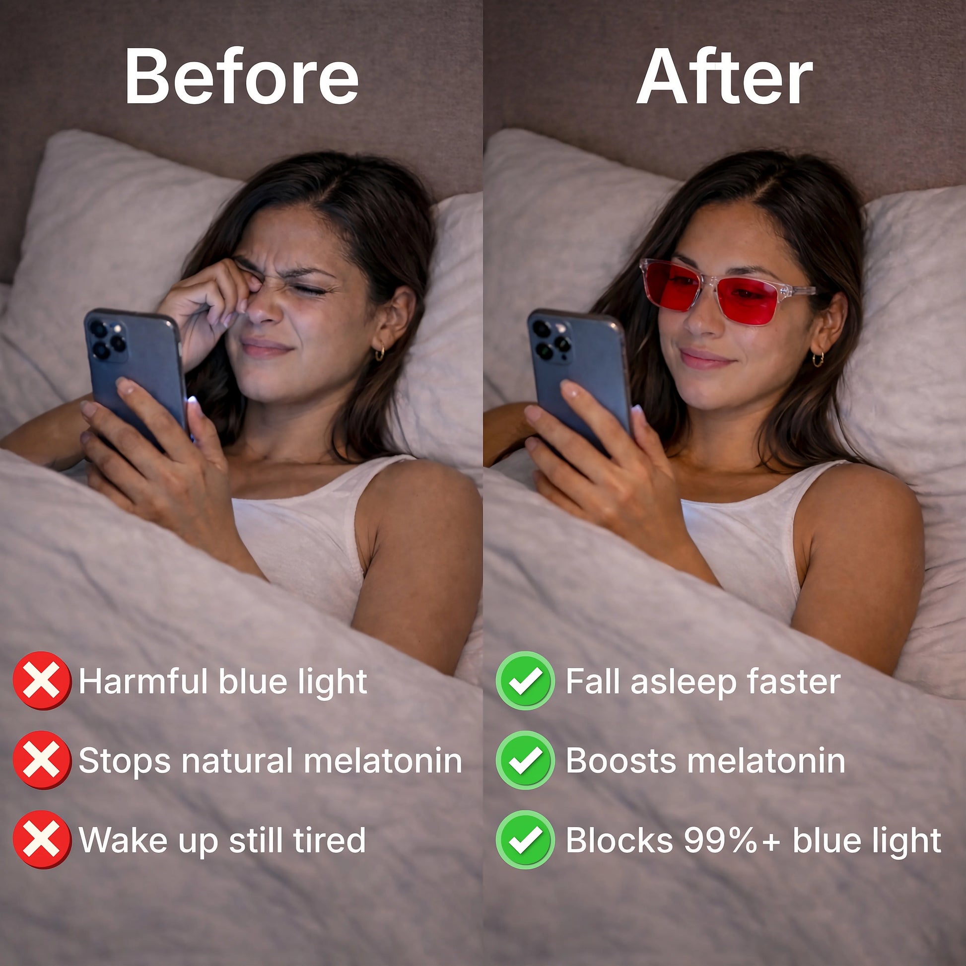 Before and after comparison of a woman using a phone with harmful blue light, now wearing Sleep Horizon FlowShift blue light blocking glasses with red lenses and clear frame
