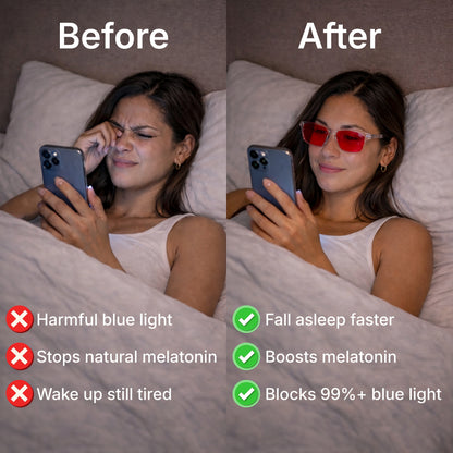Before and after comparison of a woman using a phone with harmful blue light, now wearing Sleep Horizon FlowShift blue light blocking glasses with red lenses and clear frame