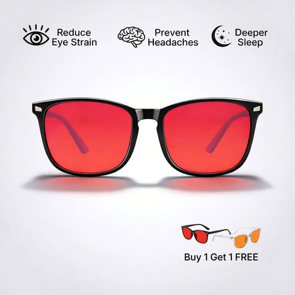 Sleep Horizon FlowShift blue light blocking glasses with red lenses and black frame