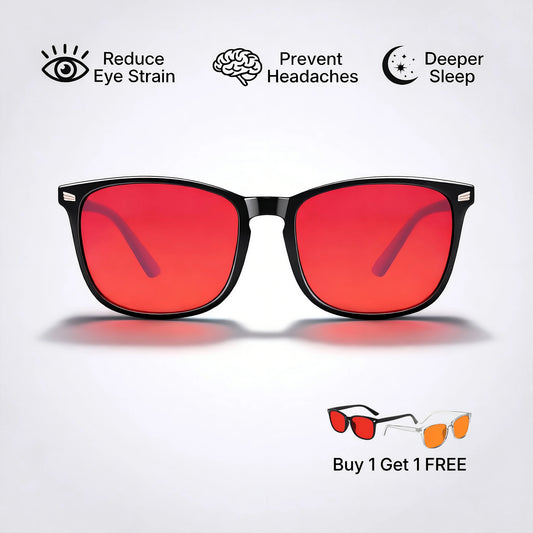 Sleep Horizon FlowShift blue light blocking glasses with red lenses and black frame