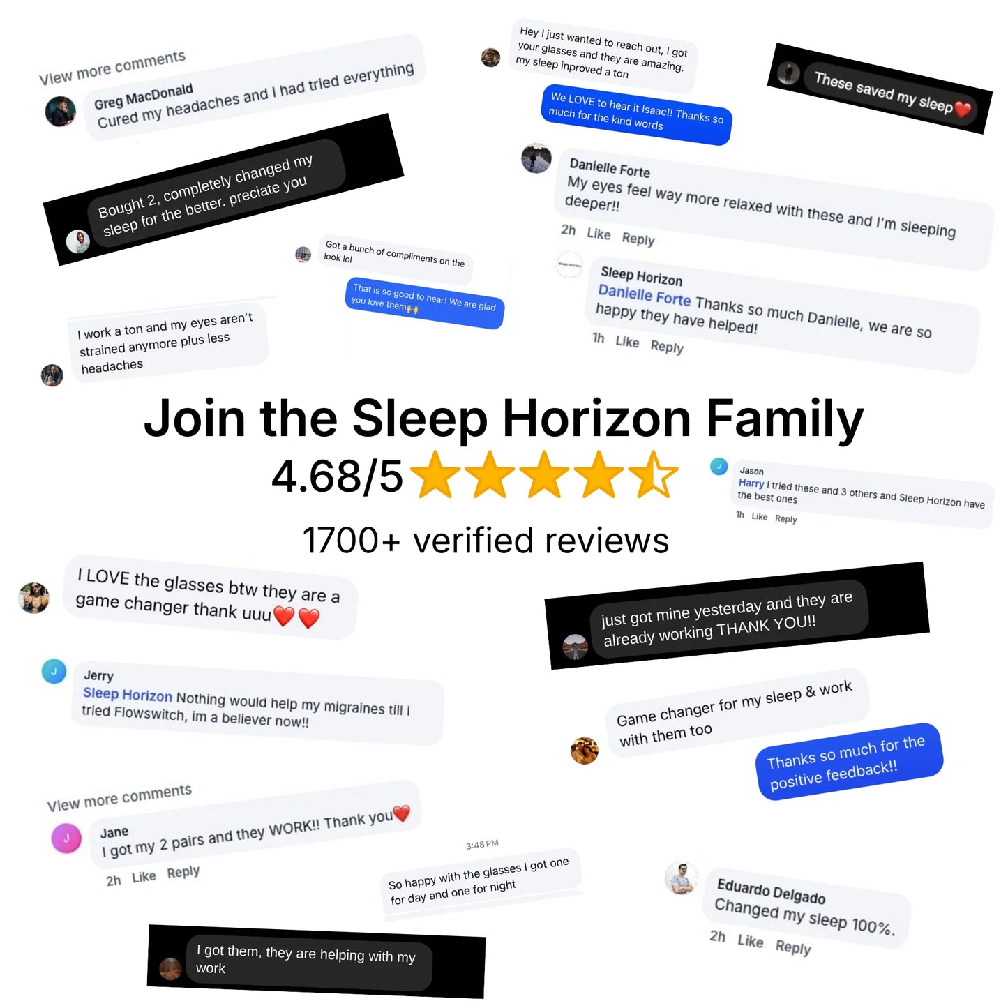 Reviews and ratings for Sleep Horizon glasses displayed on a white background