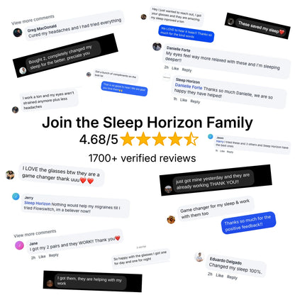 Reviews and ratings for Sleep Horizon glasses displayed on a white background