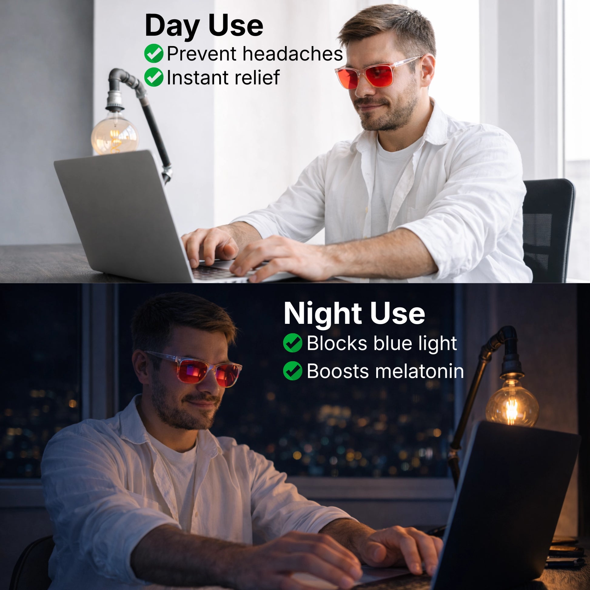 Day use and night use comparison of a man using a laptop wearing Sleep Horizon FlowShift blue light blocking glasses with red lenses and clear frame