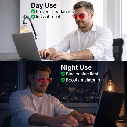 Day use and night use comparison of a man using a laptop wearing Sleep Horizon FlowShift blue light blocking glasses with red lenses and clear frame